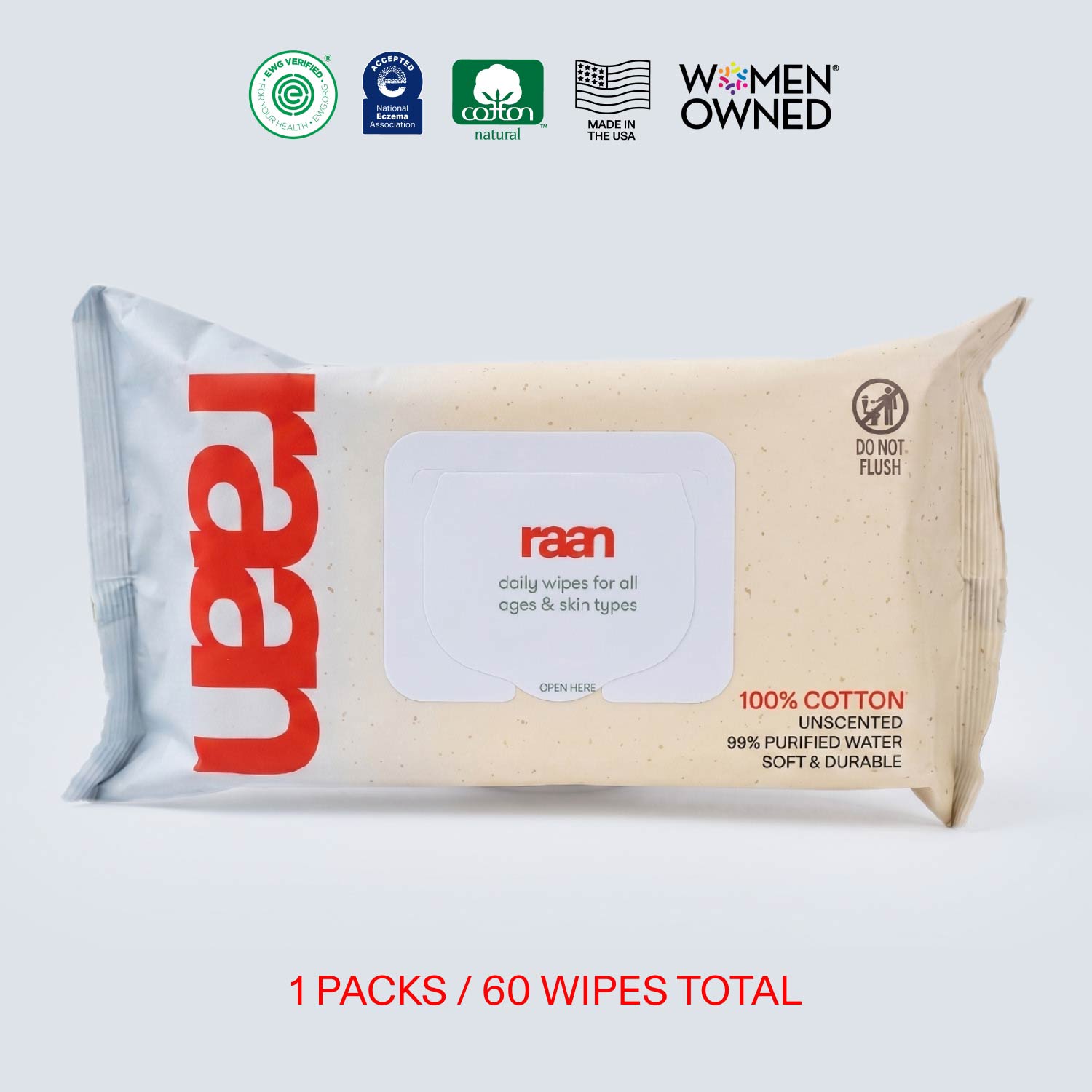The Only Unbleached 100% Cotton Baby Wipe for Sensitive Skin, 60ct per pack – raan 100% Cotton Wipes