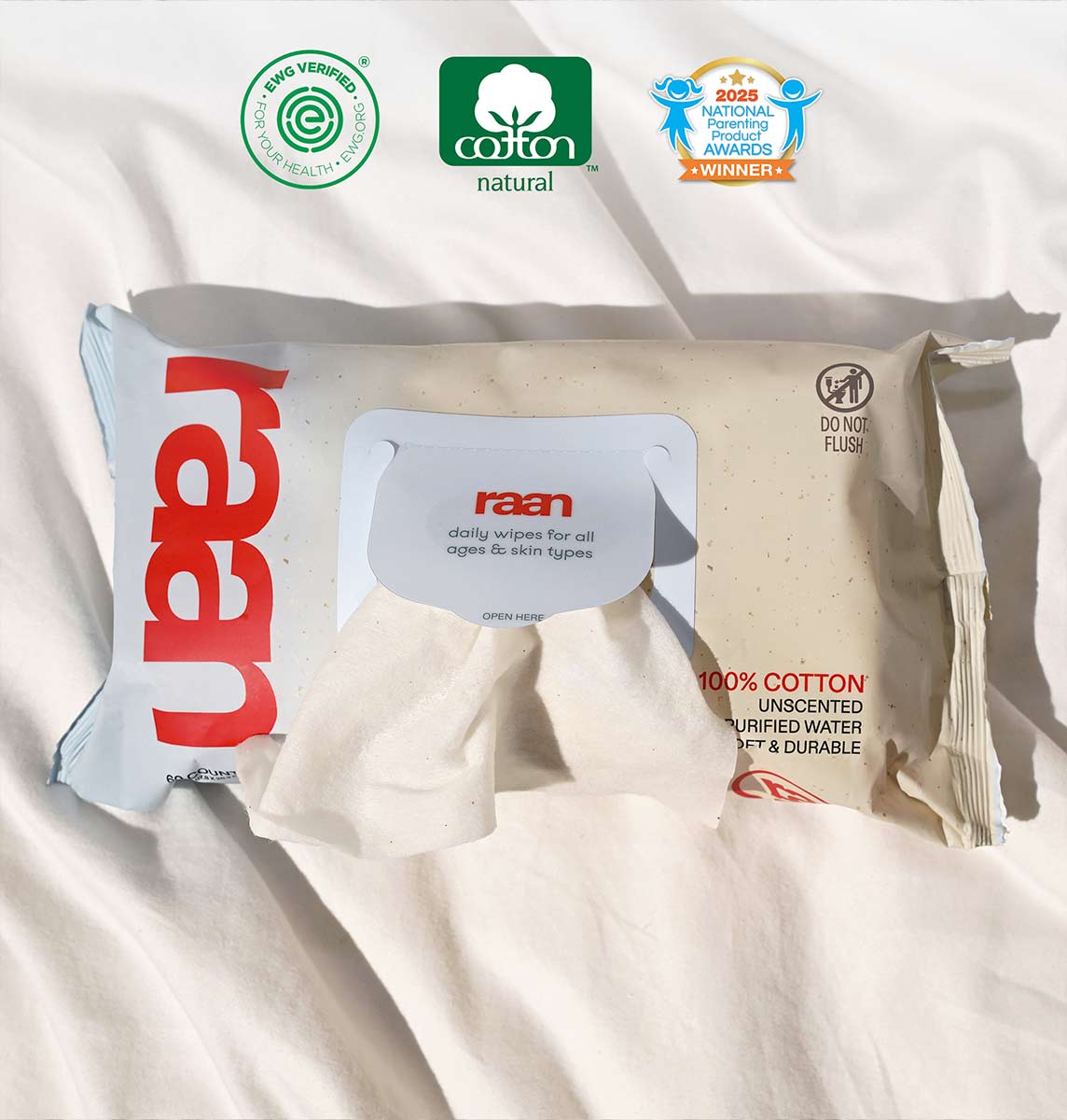 The Only Unbleached 100% Cotton Baby Wipe for Sensitive Skin, 60ct per pack – raan 100% Cotton Wipes
