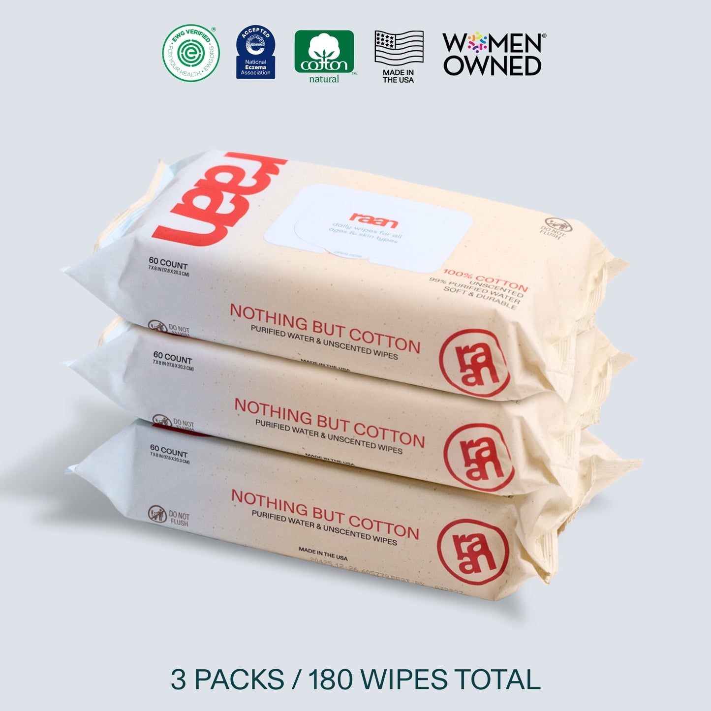 100% COTTON WATER WIPES, UNBLEACHED - 3 PACK BUNDLE – raan 100% Cotton Wipes