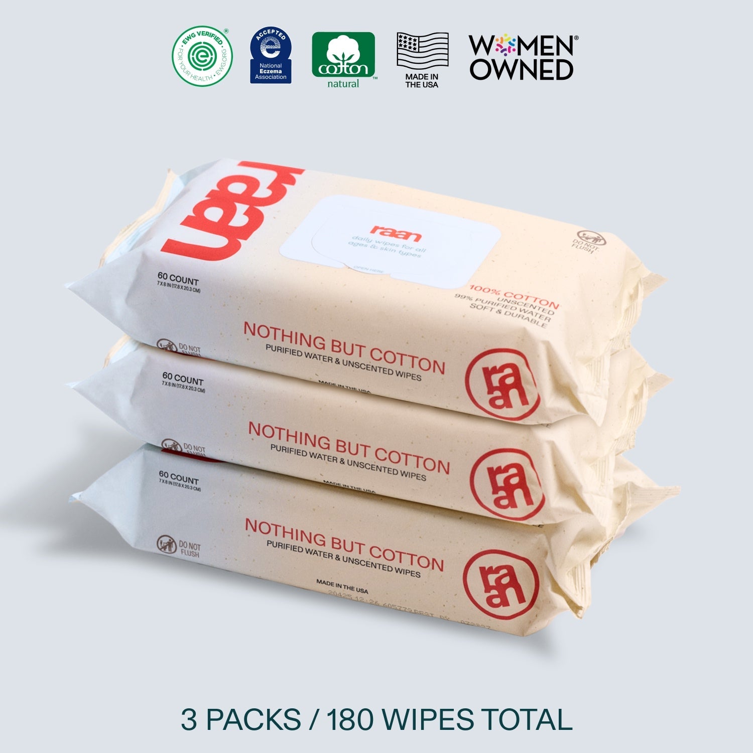 100% COTTON WATER WIPES, UNBLEACHED - 3 PACK BUNDLE – raan 100% Cotton Wipes
