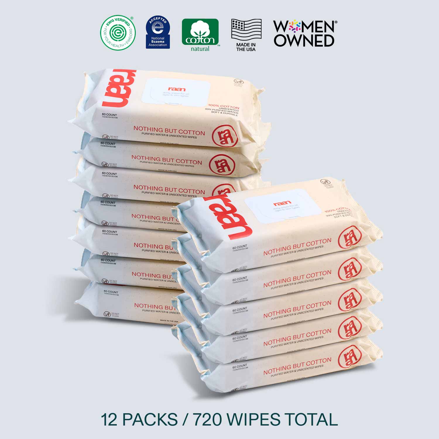 UNBLEACHED, 100% COTTON WATER WIPES. 60 COUNT PACKS