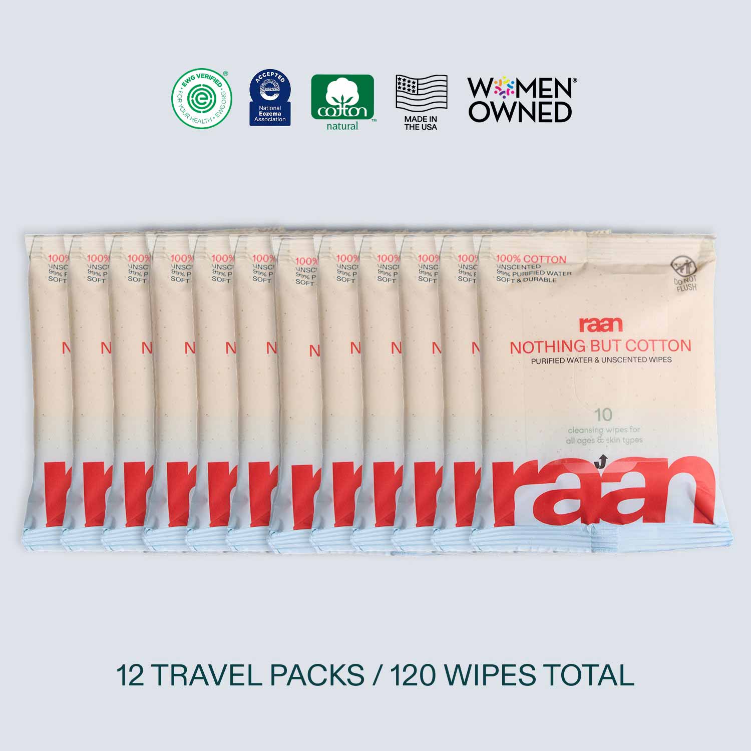 UNBLEACHED, 100% COTTON WATER WIPES. 10 COUNT TRAVEL PACKS