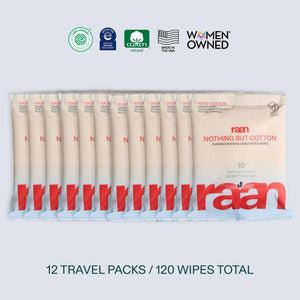 UNBLEACHED, 100% COTTON WATER WIPES. 10 COUNT TRAVEL PACKS