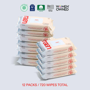 UNBLEACHED, 100% COTTON WATER WIPES. 60 COUNT PACKS