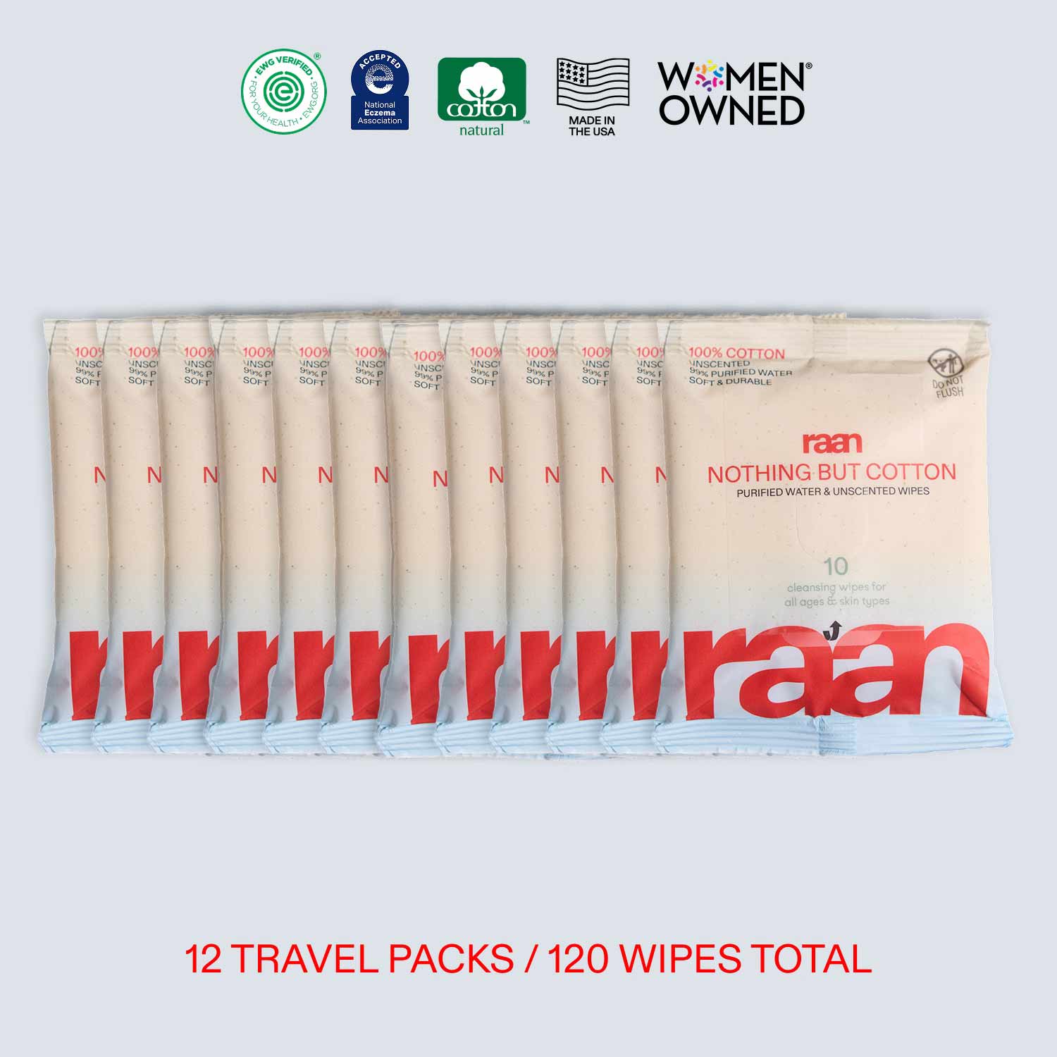 UNBLEACHED, 100% COTTON WATER WIPES. 10 COUNT TRAVEL PACKS