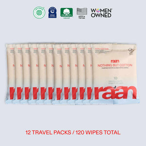 UNBLEACHED, 100% COTTON WATER WIPES. 10 COUNT TRAVEL PACKS