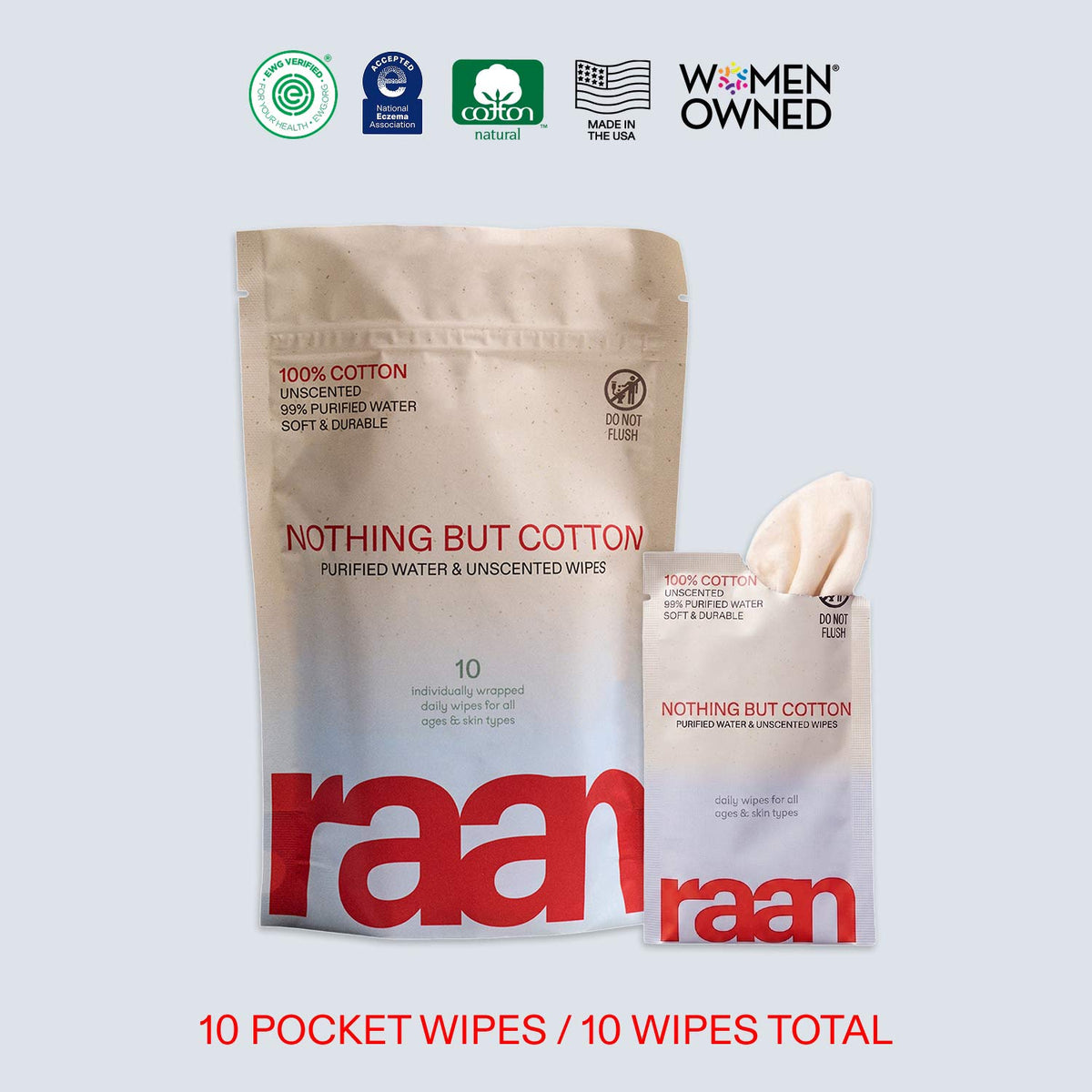 UNBLEACHED, 100% COTTON WATER WIPES. 10 POCKET WIPES