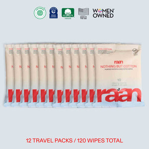 UNBLEACHED, 100% COTTON WATER WIPES. 10 COUNT TRAVEL PACKS
