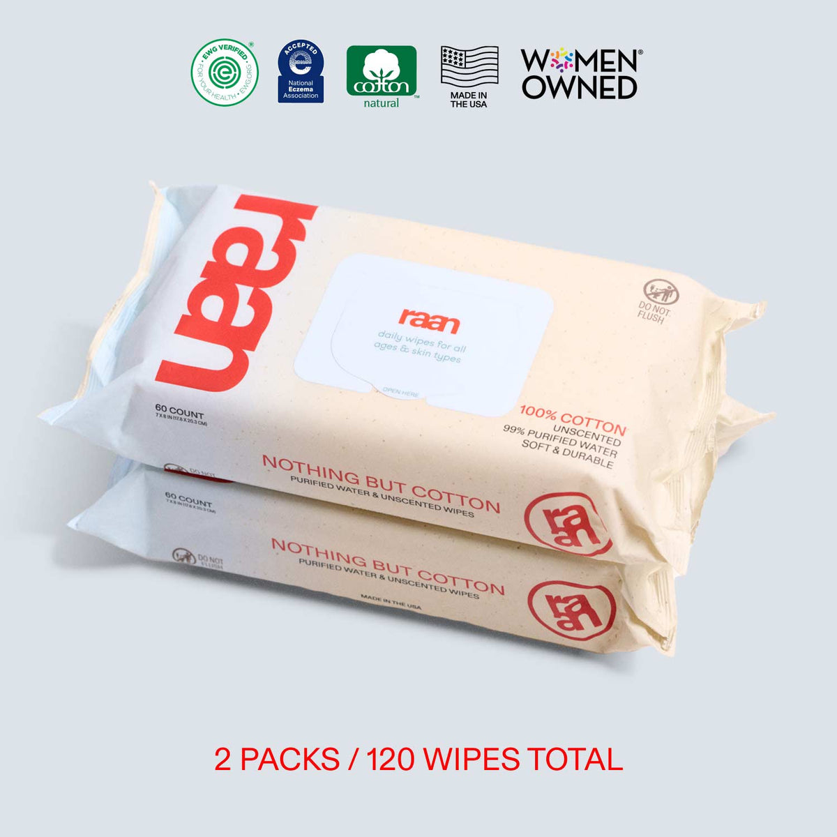 UNBLEACHED, 100% COTTON WATER WIPES. 60 COUNT PACKS