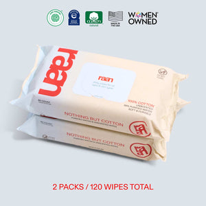 UNBLEACHED, 100% COTTON WATER WIPES. 60 COUNT PACKS