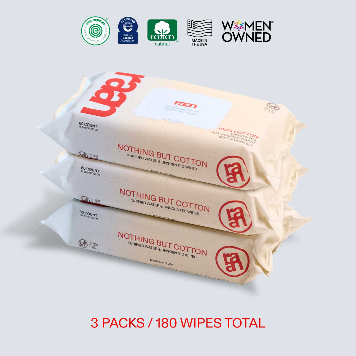 UNBLEACHED, 100% COTTON WATER WIPES. 60 COUNT PACKS