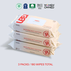 UNBLEACHED, 100% COTTON WATER WIPES. 60 COUNT PACKS