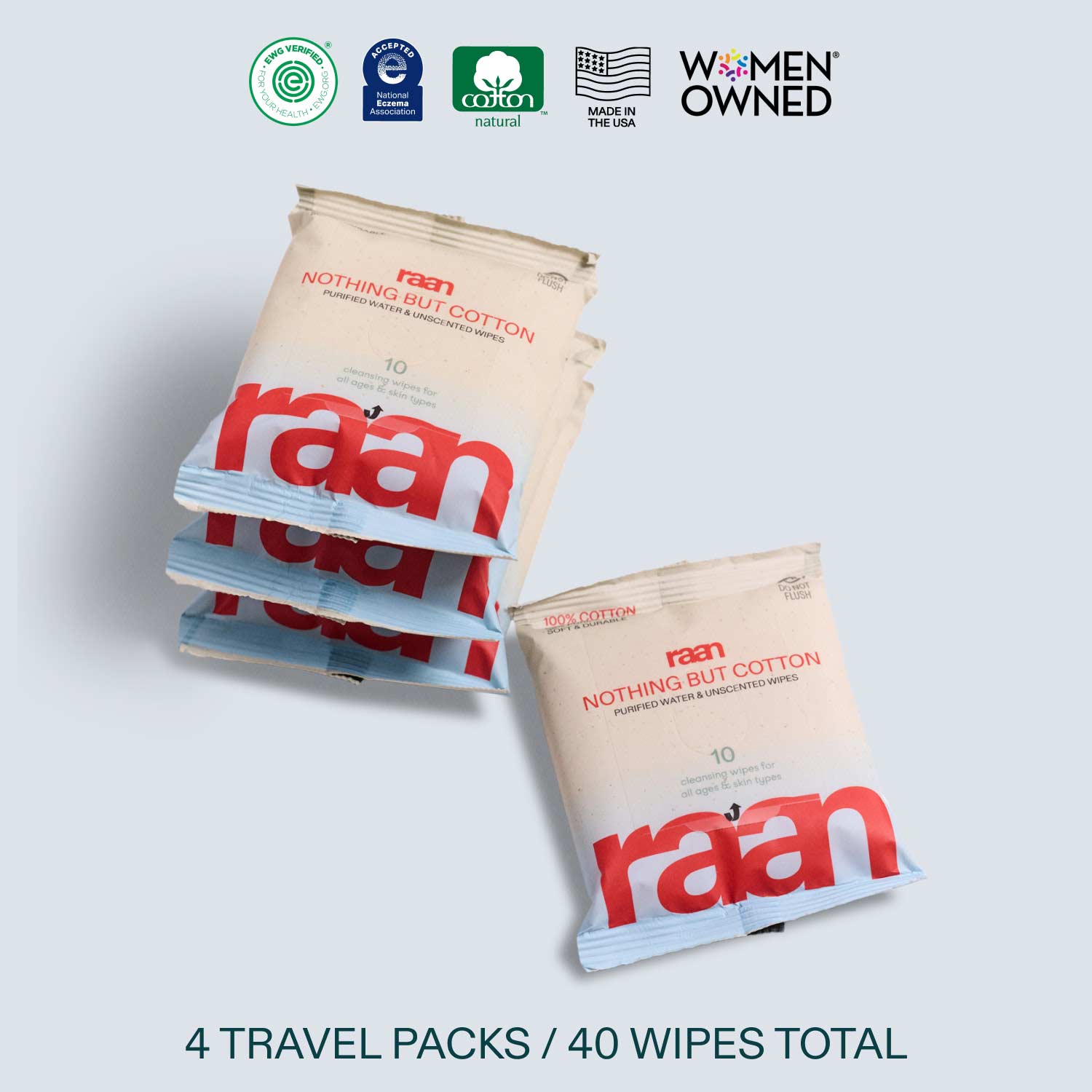 UNBLEACHED, 100% COTTON WATER WIPES. 10 COUNT TRAVEL PACKS