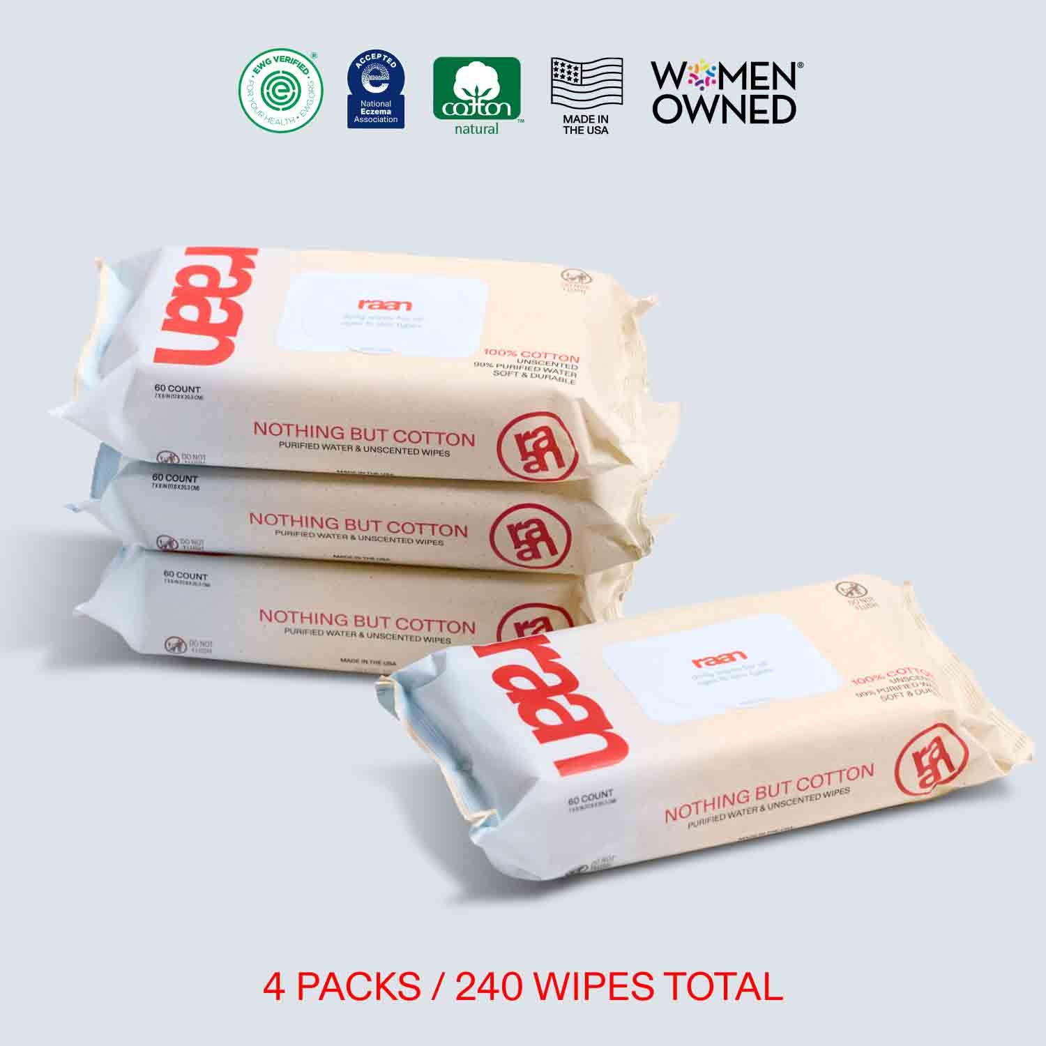 UNBLEACHED, 100% COTTON WATER WIPES. 60 COUNT PACKS