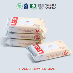 UNBLEACHED, 100% COTTON WATER WIPES. 60 COUNT PACKS