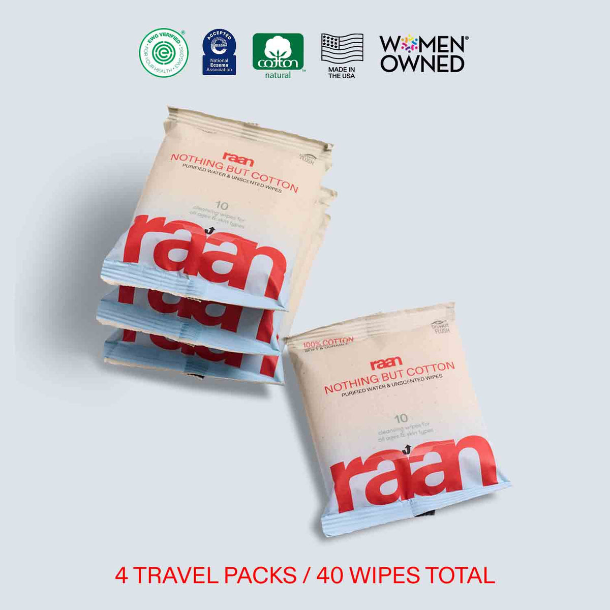 UNBLEACHED, 100% COTTON WATER WIPES. 10 COUNT TRAVEL PACKS