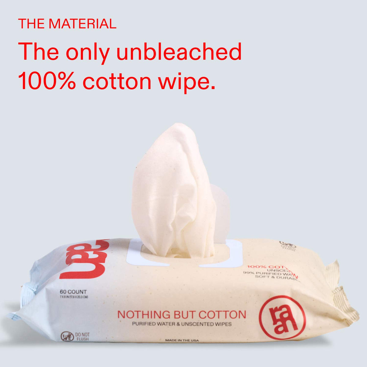 UNBLEACHED, 100% COTTON WATER WIPES. 60 COUNT PACKS
