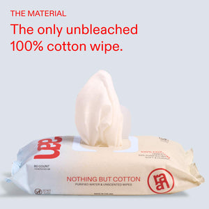 UNBLEACHED, 100% COTTON WATER WIPES. 60 COUNT PACKS