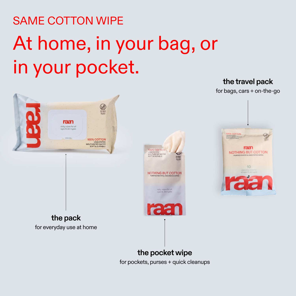 UNBLEACHED, 100% COTTON WATER WIPES. 60 COUNT PACKS