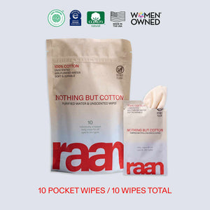 UNBLEACHED, 100% COTTON WATER WIPES. 10 POCKET WIPES