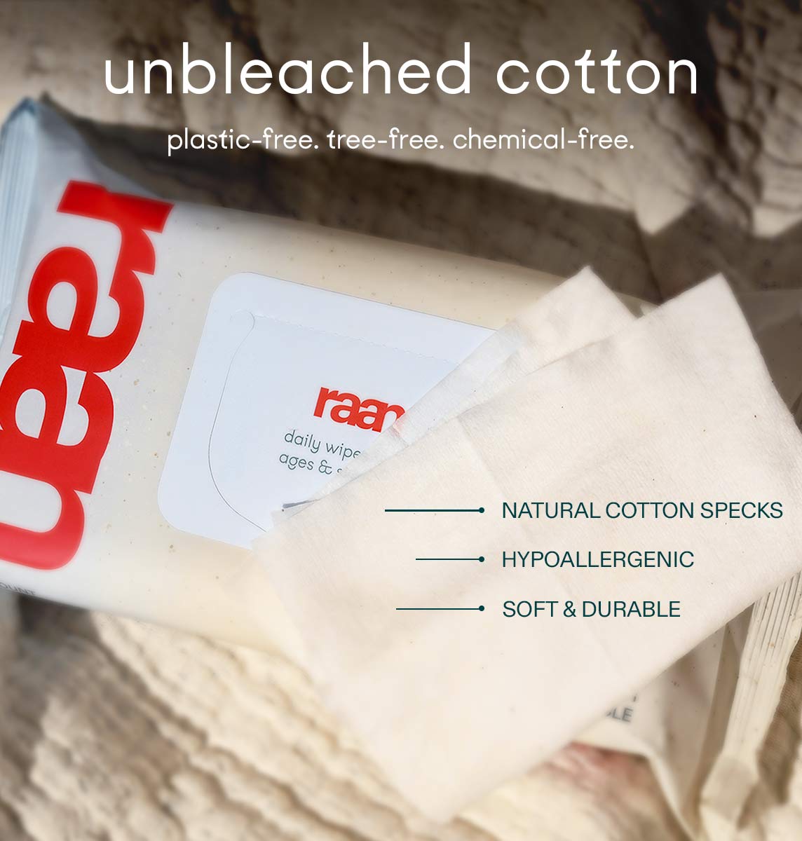 The Only Unbleached 100% Cotton Baby Wipe for Sensitive Skin, 60ct per pack – raan 100% Cotton Wipes