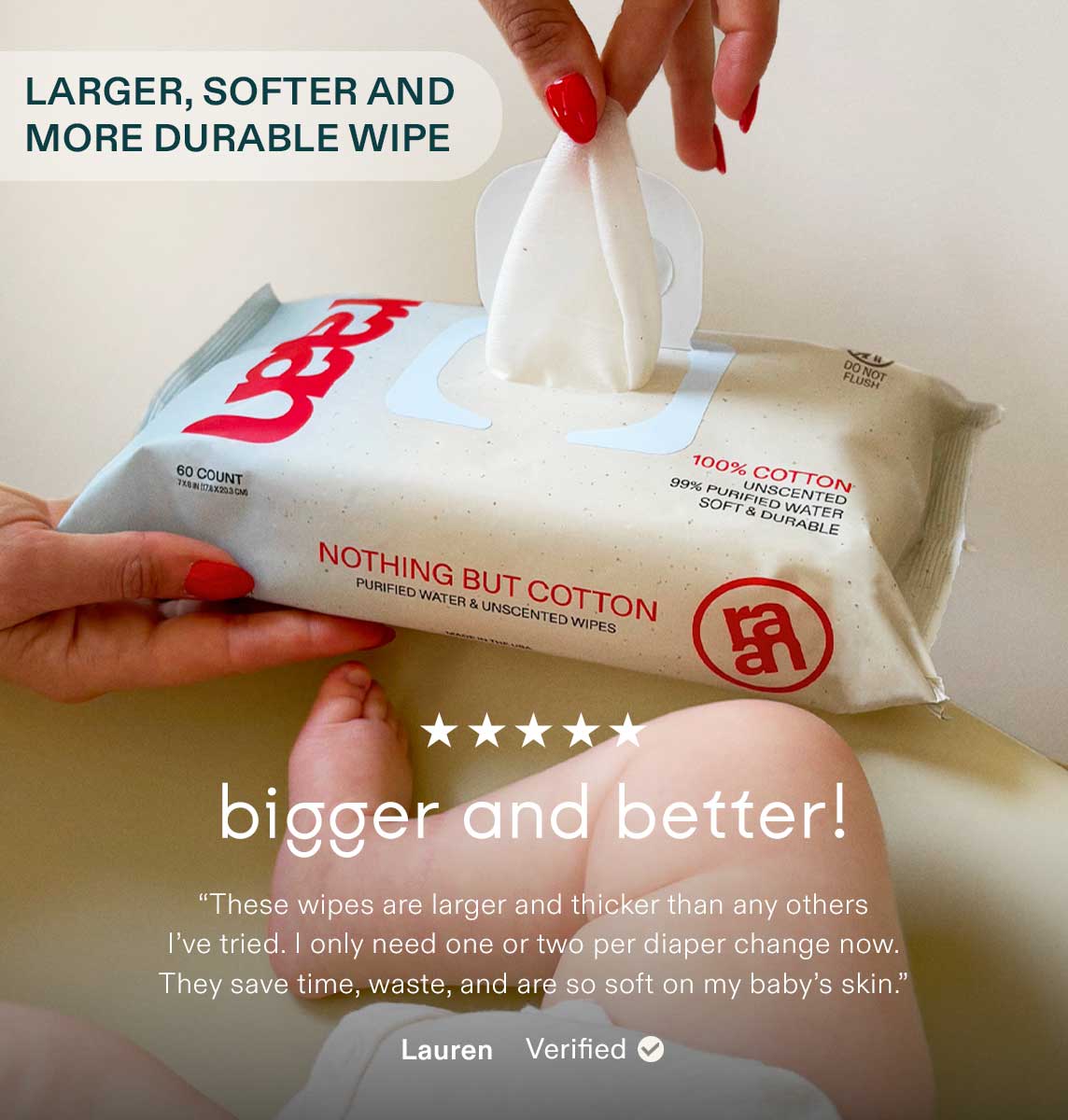 The Only Unbleached 100% Cotton Baby Wipe for Sensitive Skin, 60ct per pack – raan 100% Cotton Wipes