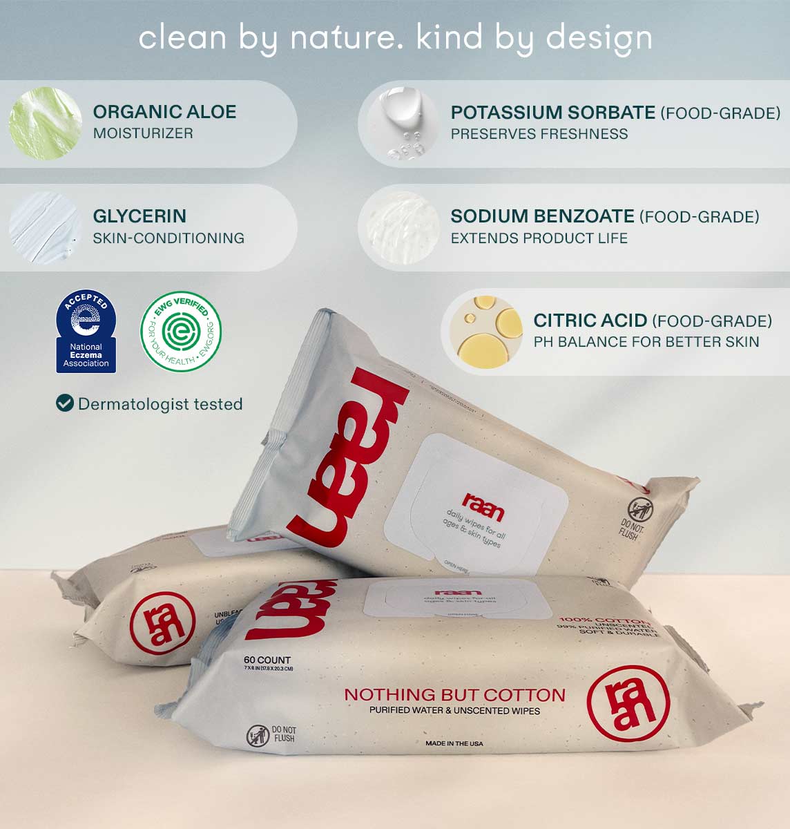 The Only Unbleached 100% Cotton Baby Wipe for Sensitive Skin, 60ct per pack