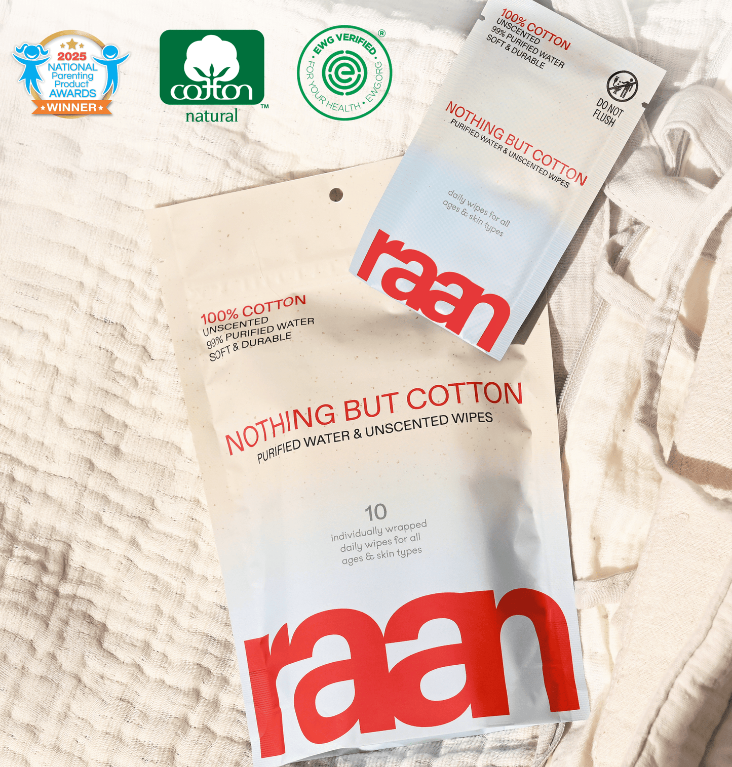 Unbleached, 100% Cotton Face and Body Cleansing Wipe for Sensitive Skin (10 Individually Wrapped) – raan 100% Cotton Wipes