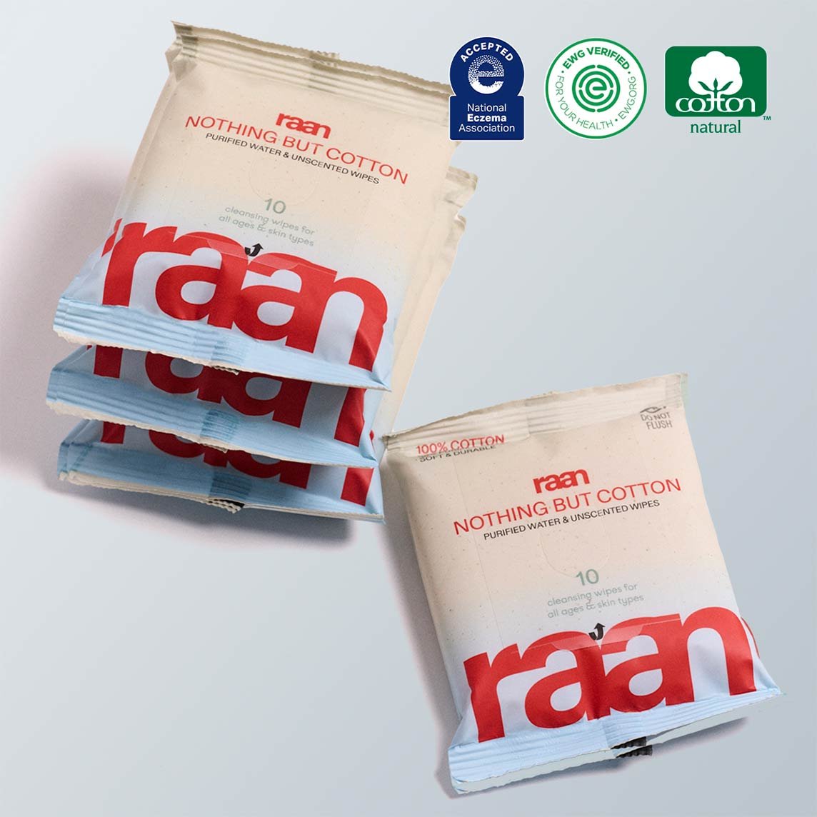 UNBLEACHED, 100% COTTON WATER WIPES. 10 COUNT TRAVEL PACKS – raan 100% Cotton Wipes