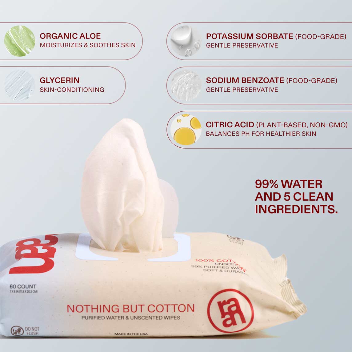 UNBLEACHED, 100% COTTON WATER WIPES. 60 COUNT PACKS – raan 100% Cotton Wipes