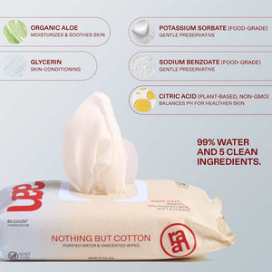 UNBLEACHED, 100% COTTON WATER WIPES. 60 COUNT PACKS – raan 100% Cotton Wipes